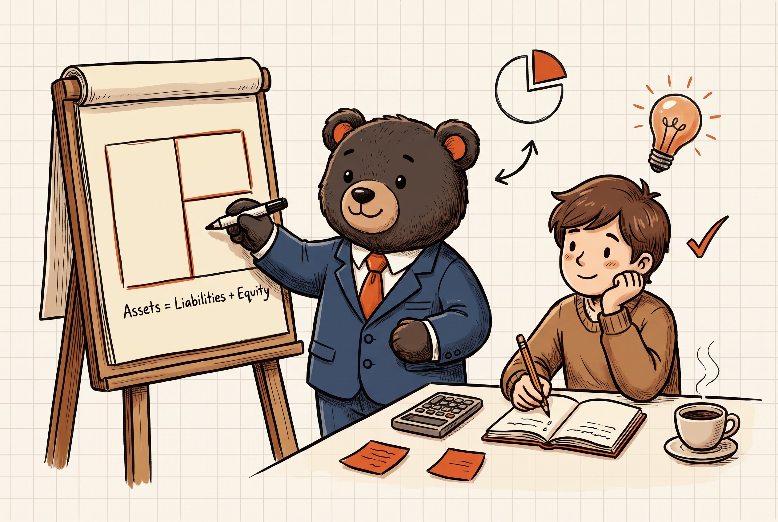 Orso the bear teaching the balance sheet at a flip-chart while a junior accountant takes notes
