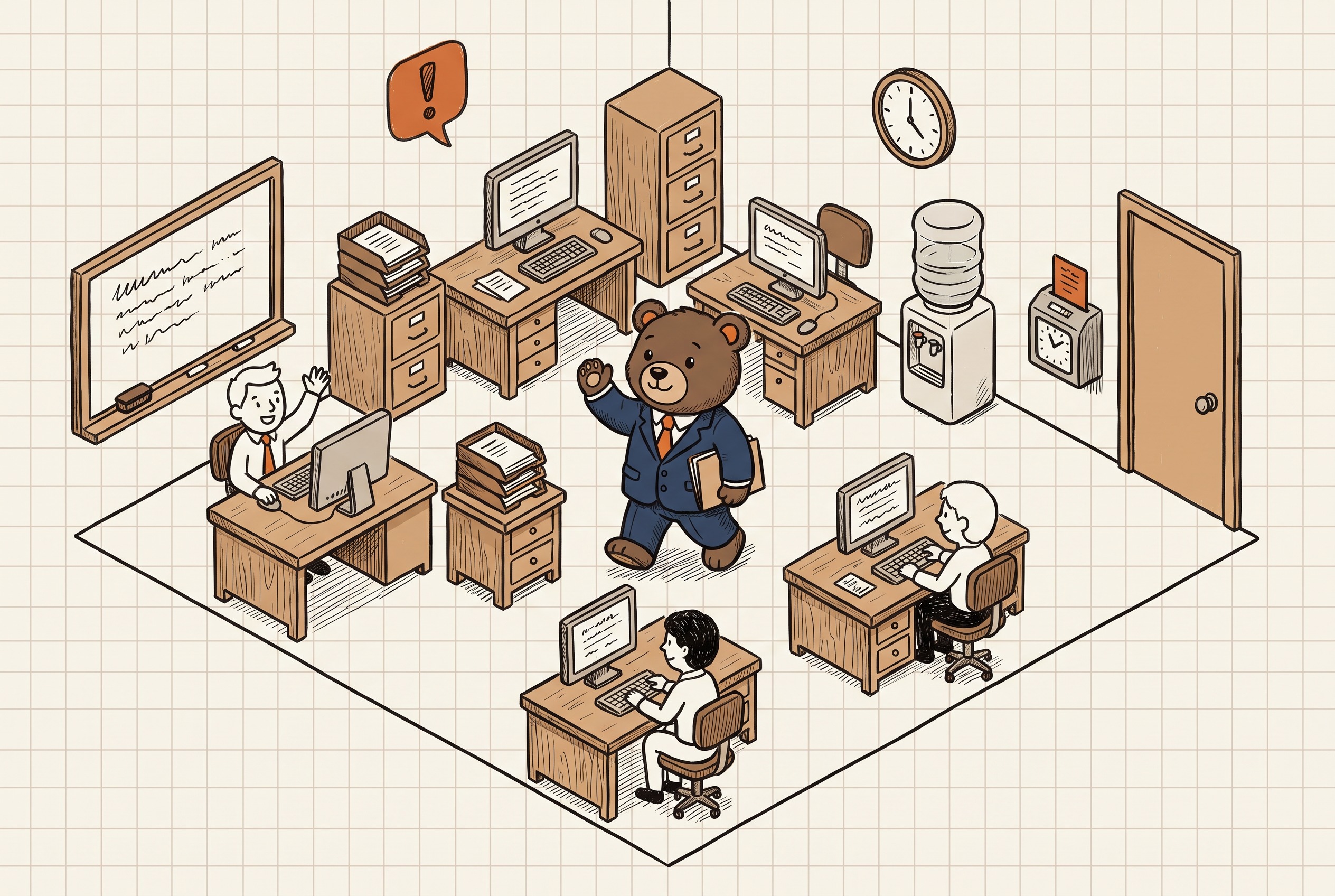 Hand-drawn isometric finance office with Orso the bear walking between desks